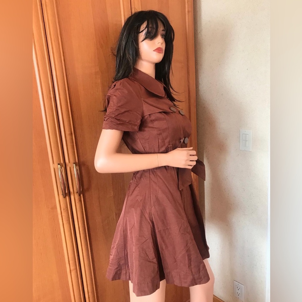 Bebe orange brown short sleeve trench coat dress with buttons and belt in sz S - Picture 2 of 14